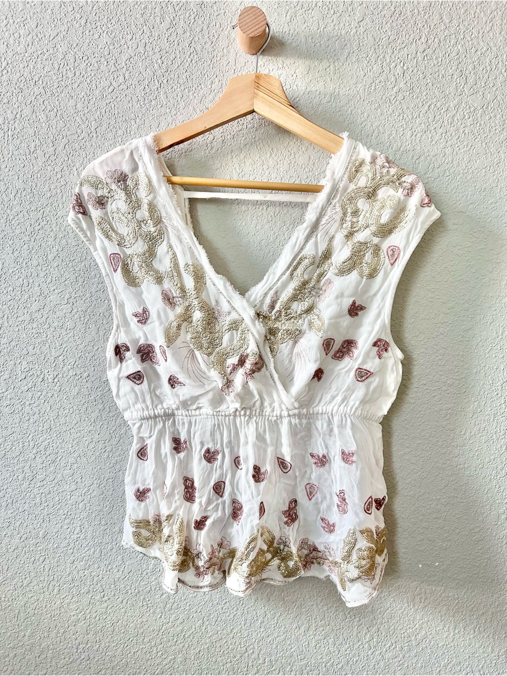 Free People Ooh La La Embellished Ivory Top Size Small Sequins Embroidery